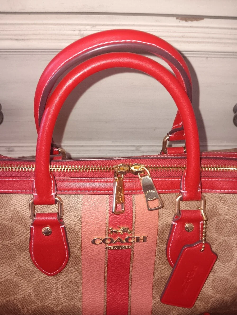 Coach Large Rowan Pink And Red Stripe Tan Signature With Wristlet And Strap - Picture 4 of 15
